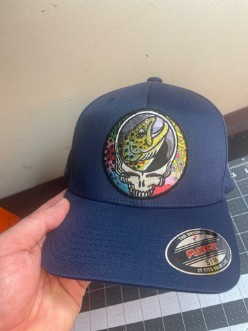FlexFit s/m navy blue Steal Your Face Trout Trio Hat embroidered patch fishing hat