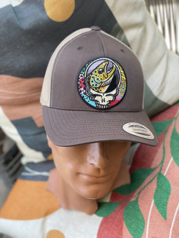 Steal Your Face Trout Trio Trucker Hat brown/khaki retro embroidered fishing hat FREE SHIPPING