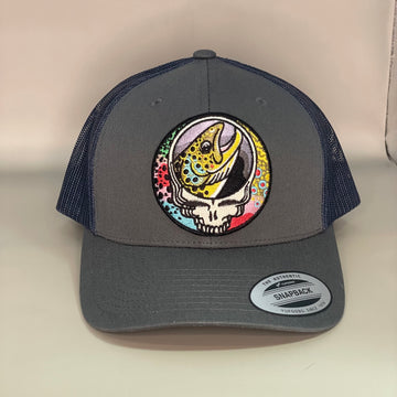 Steal Your Face Trout Trio Trucker Hat charcoal/navy retro embroidered fishing hat FREE SHIPPING