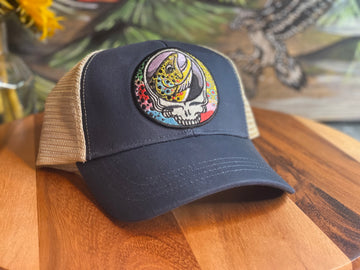 Stealie Trout Trio ECOnscious ECO Recycled Steal Your Face Trout Trio Pacific Blue Trucker Hat embroidered patch fishing hat