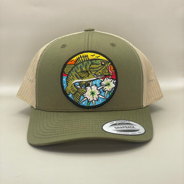 Bass w/ Lillies Trucker Hat moss/khaki retro embroidered fishing hat FREE SHIPPING