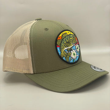 Bass w/ Lillies  Trucker Hat moss/khaki retro embroidered fishing hat FREE SHIPPING