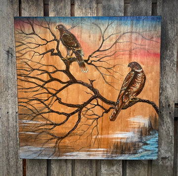 "Hawks on Branch" Original Painting by J May on cradled wood panel Birds of Prey Series