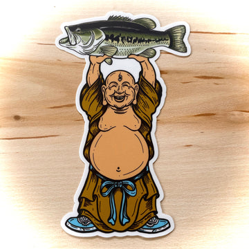 Laughing Buddha with Largemouth Bass Trout Fly Fishing Sticker - thecosmicstream