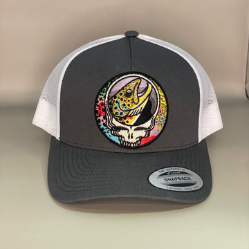 Steal Your Face BrownTrout Trio Classic Trucker Hat Gunmetal Gray front view Fishing Hat