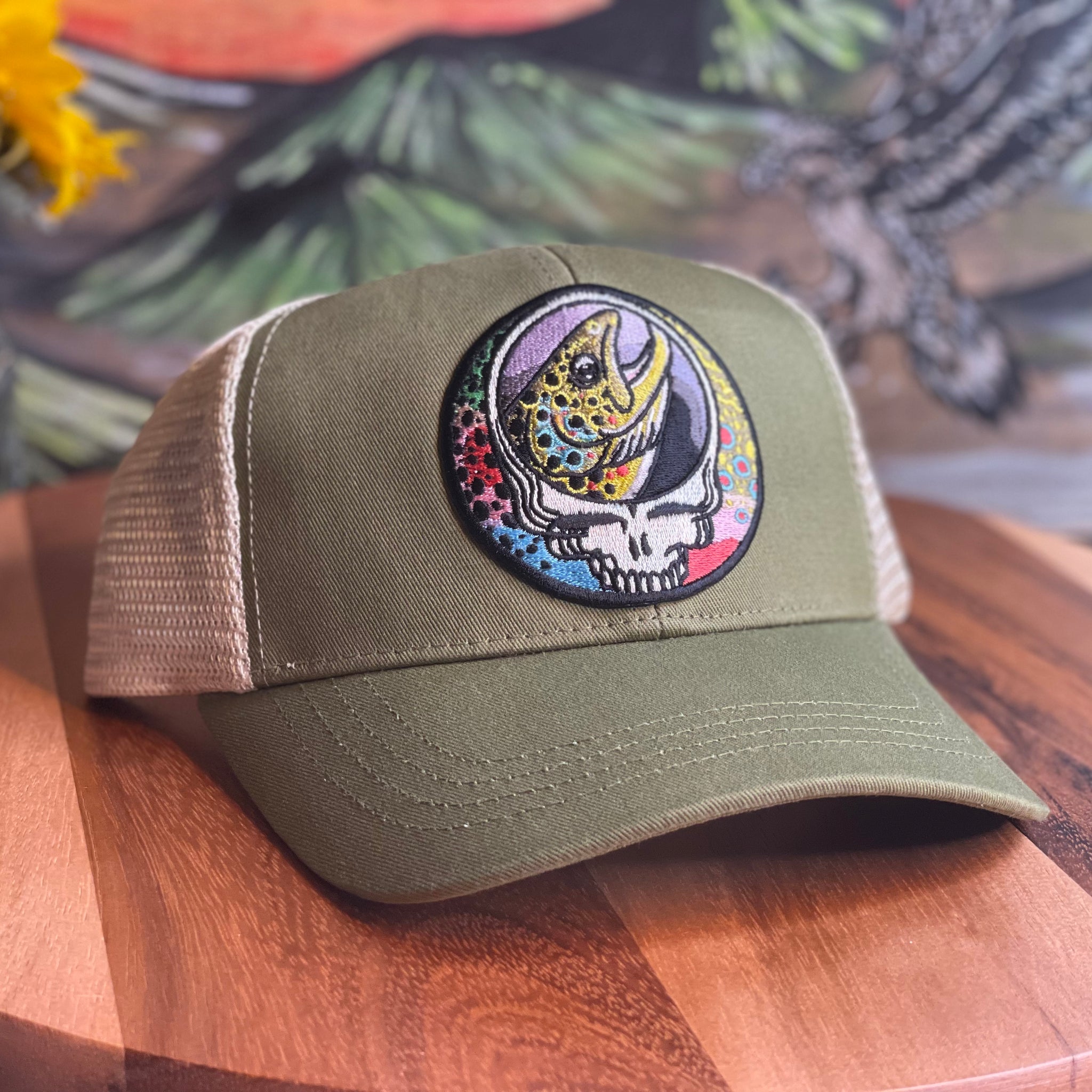 ECOnscious ECO Recycled Steal Your Face Trout Trio light Olive Green  Trucker Hat  embroidered patch fishing hat