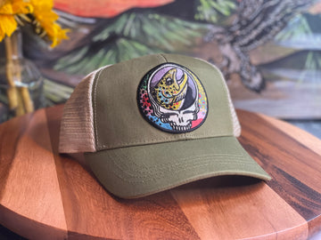 ECOnscious ECO Recycled Steal Your Face Trout Trio light Olive Green  Trucker Hat  embroidered patch fishing hat
