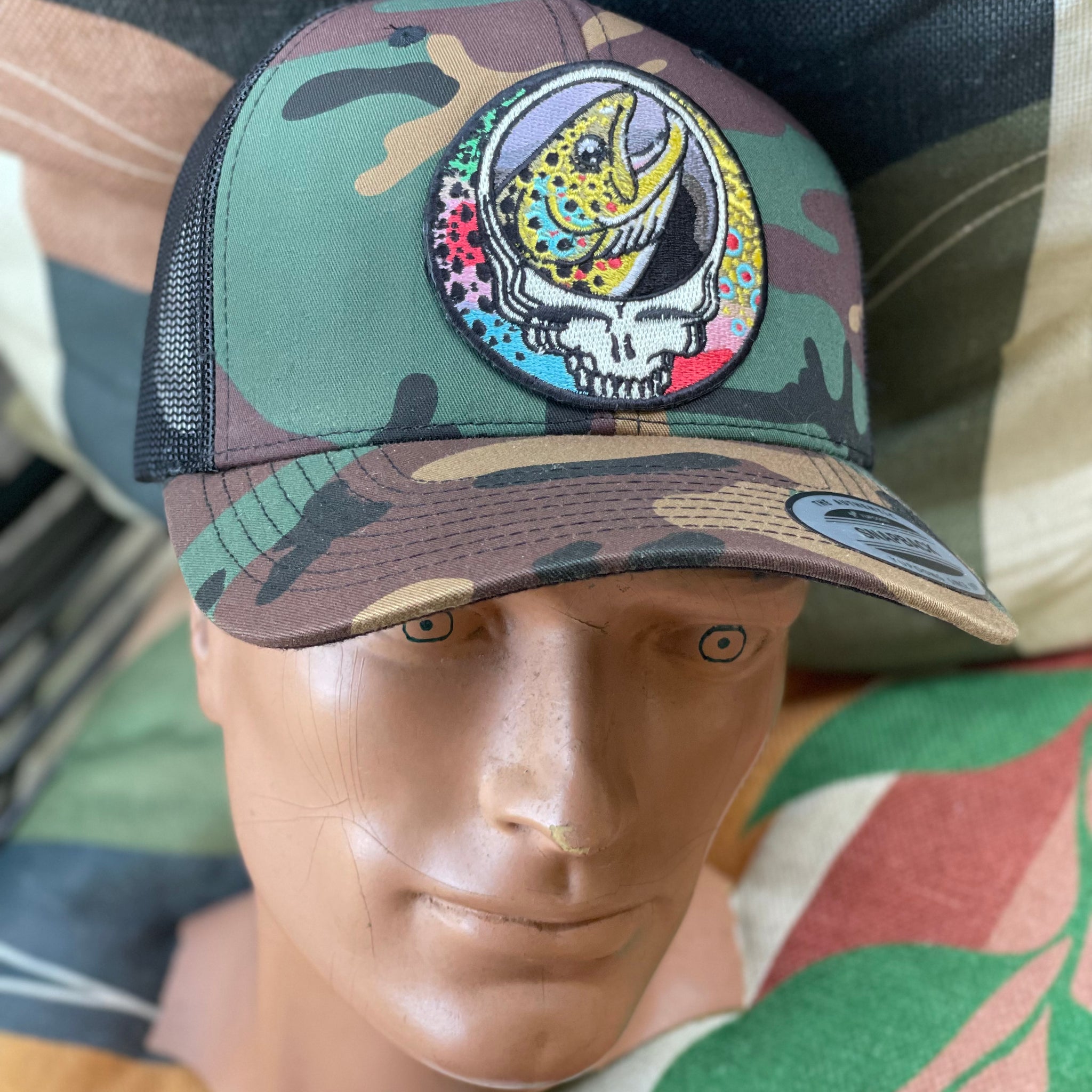 f Steal Your Face Trout Trio Trucker Hat camouflage retro embroidered fishing hat