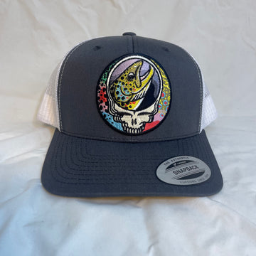 Steal Your Face Trout Trio Classic Trucker Hat gunmetal grey retro embroidered fishing hat