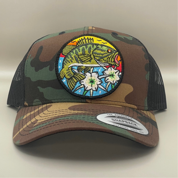 Bass w/ Lillies  Trucker Hat camo/black retro embroidered fishing hat FREE SHIPPING