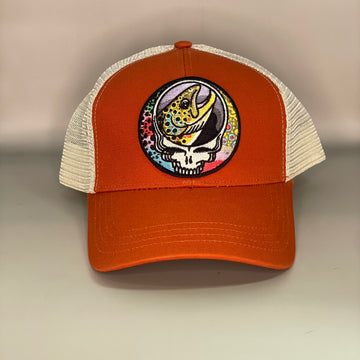 Steal Your Face Trout Trio ECOnscious ECO Recycled Steal Your Face Trout Trio Picante Orange Trucker Hat  embroidered patch fishing hat