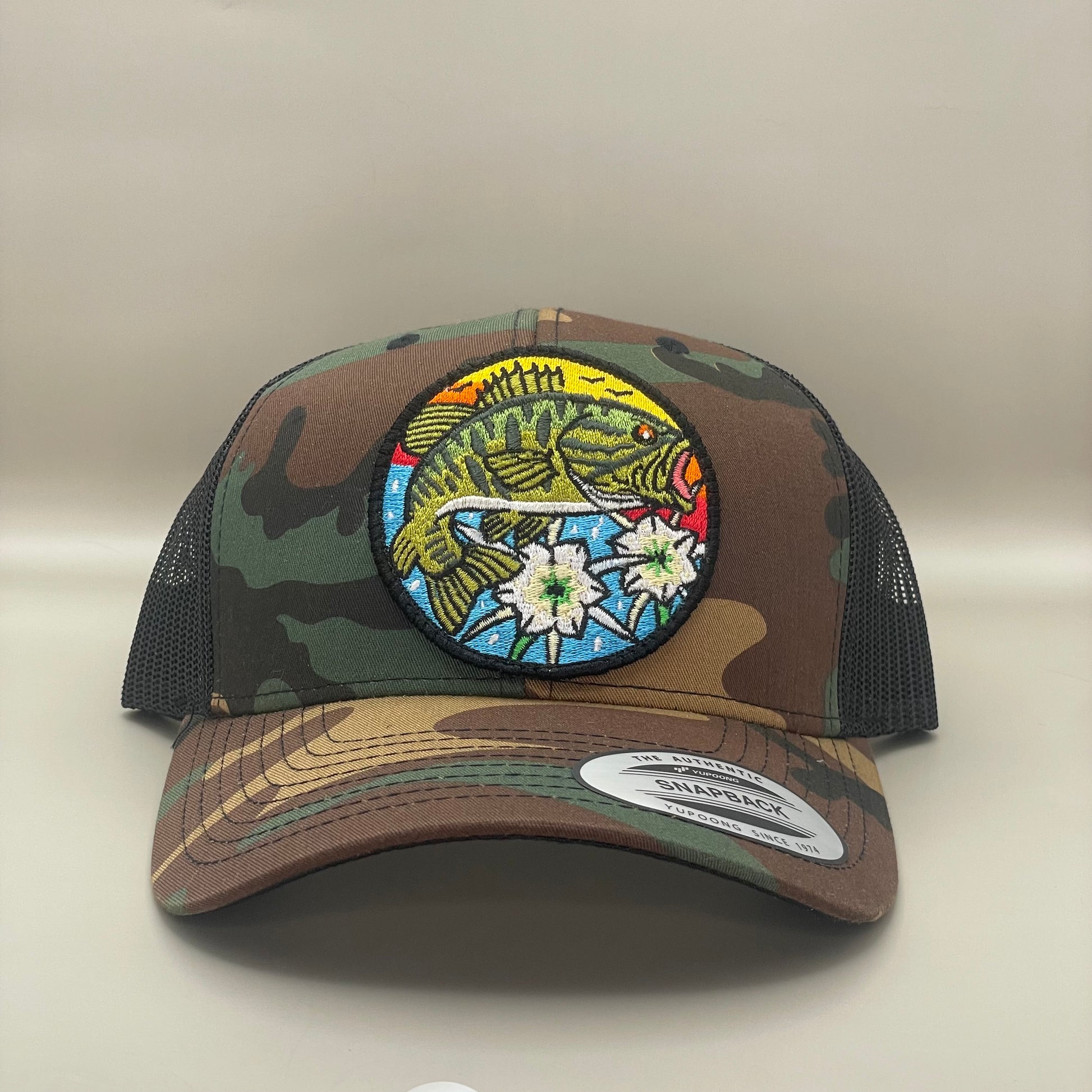Shoal Bass Classic Trucker Hat Camouflage front View Fishing Hat