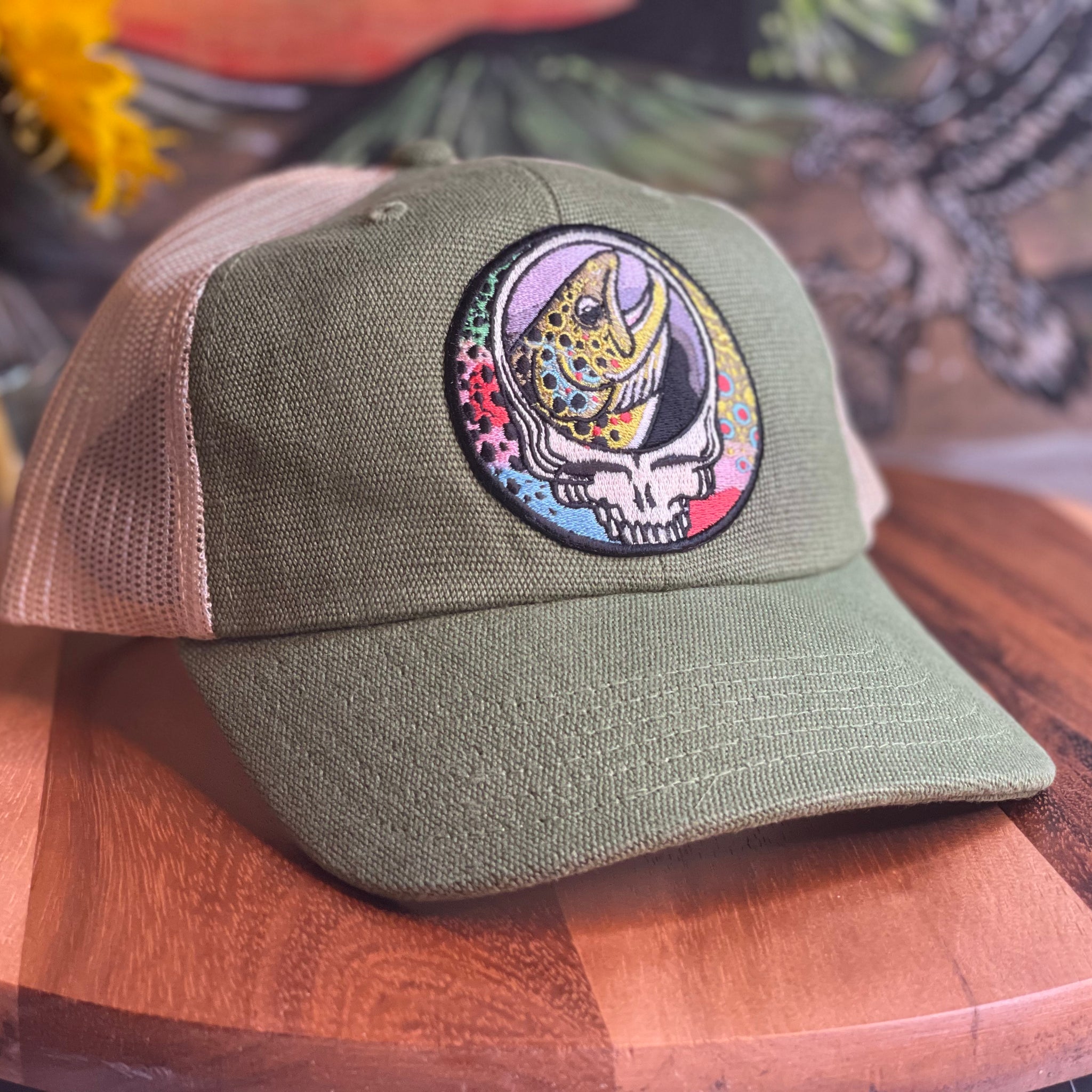 ECOnscious Washed  HEMP blend Steal Your Face Trout Trio Olive  Trucker Hat  embroidered patch fishing hat