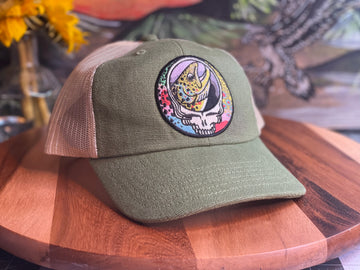 ECOnscious Washed  HEMP blend Steal Your Face Trout Trio Olive  Trucker Hat  embroidered patch fishing hat