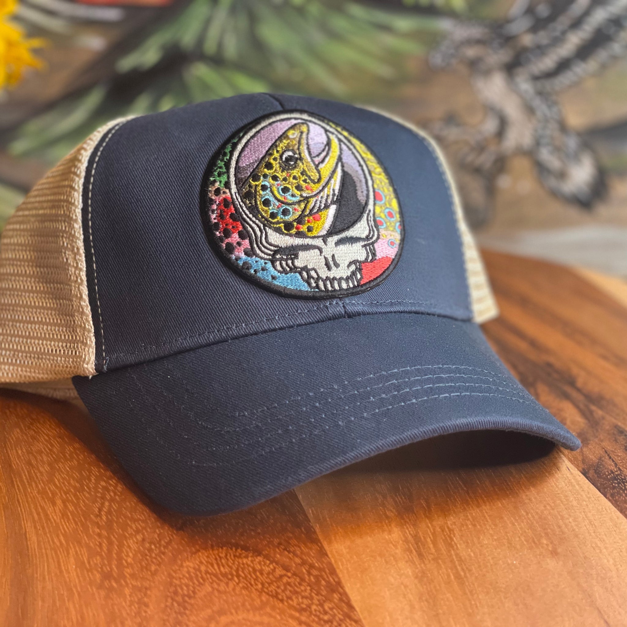 ECOnscious ECO Recycled Steal Your Face Trout Trio Pacific Blue  Trucker Hat  embroidered patch fishing hat