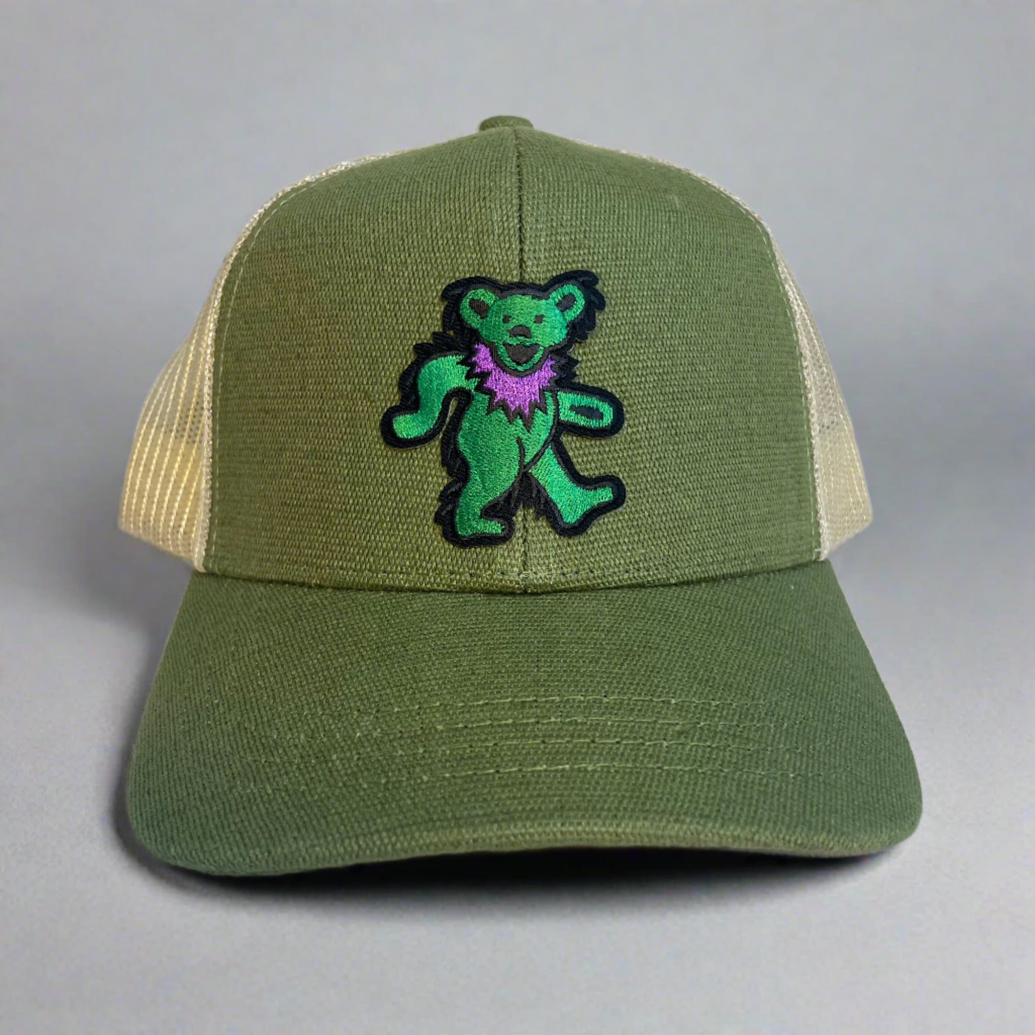 Dancing Bear ECOnscious HEMP blend  Grateful Dead Structured Trucker Hat  GREEN embroidered patch fishing hat