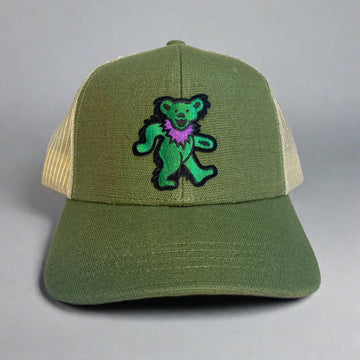 ECOnscious HEMP blend Dancing Bear Grateful Dead recycled Trucker Hat  GREEN embroidered patch fishing hat