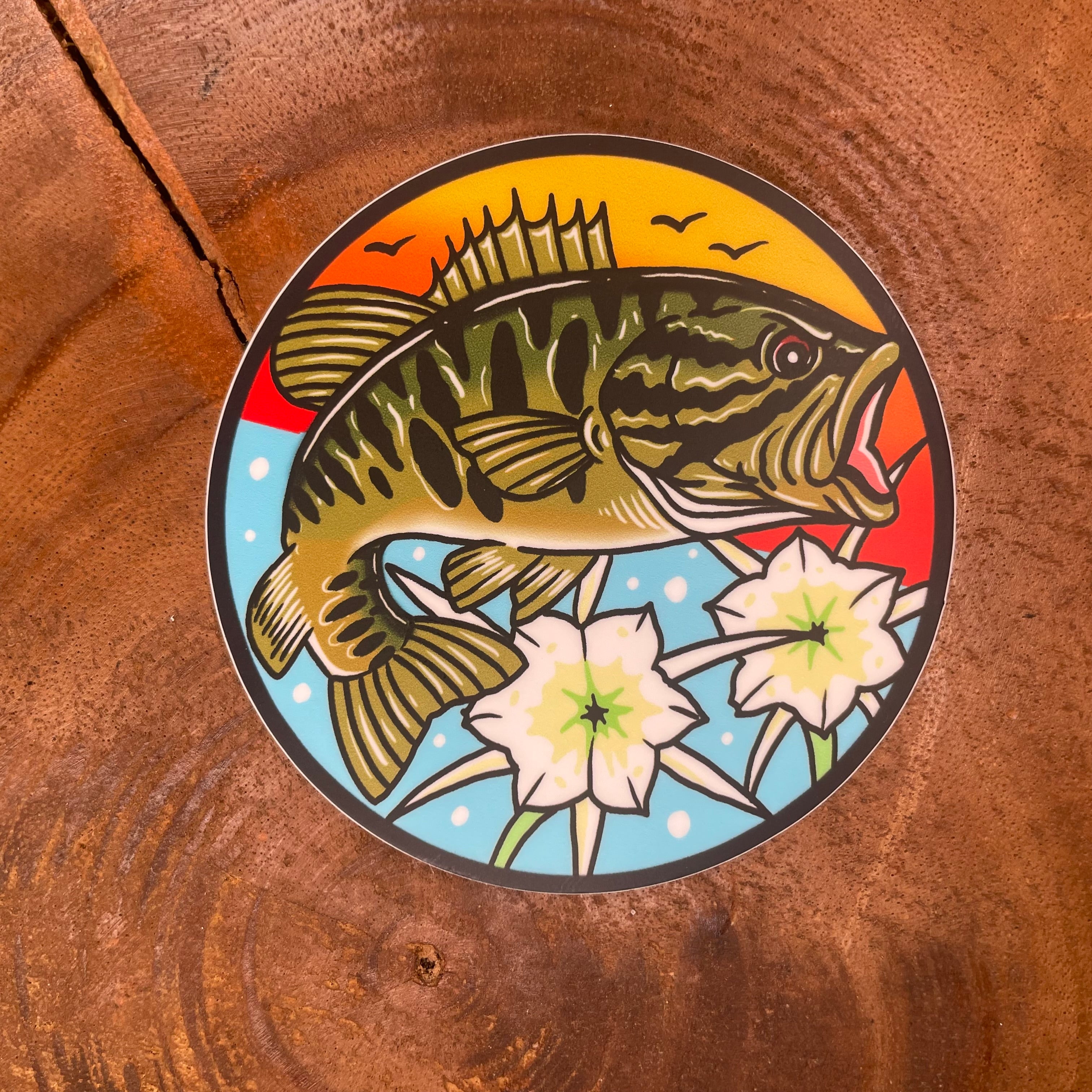 ソラバシ直筆サイン入り 1989 BASS FISHING NEW BASICS Shoal Bass with Shoal Lillies Fishing sticker / slap weatherproof viny