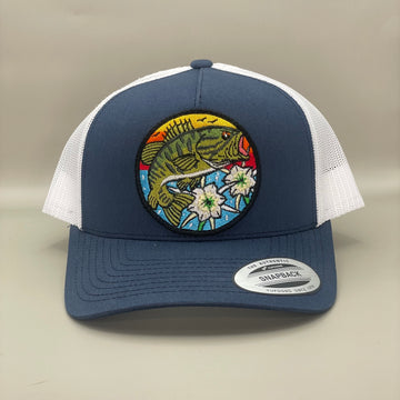 Bass with Lillies Trucker Hat  navy/white retro embroidered fishing hat FREE SHIPPING