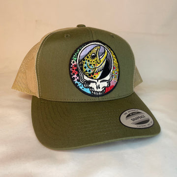 Steal Your Face Trout Trio Trucker Hat moss/khakii retro embroidered fishing hat FREE SHIPPING (Copy)