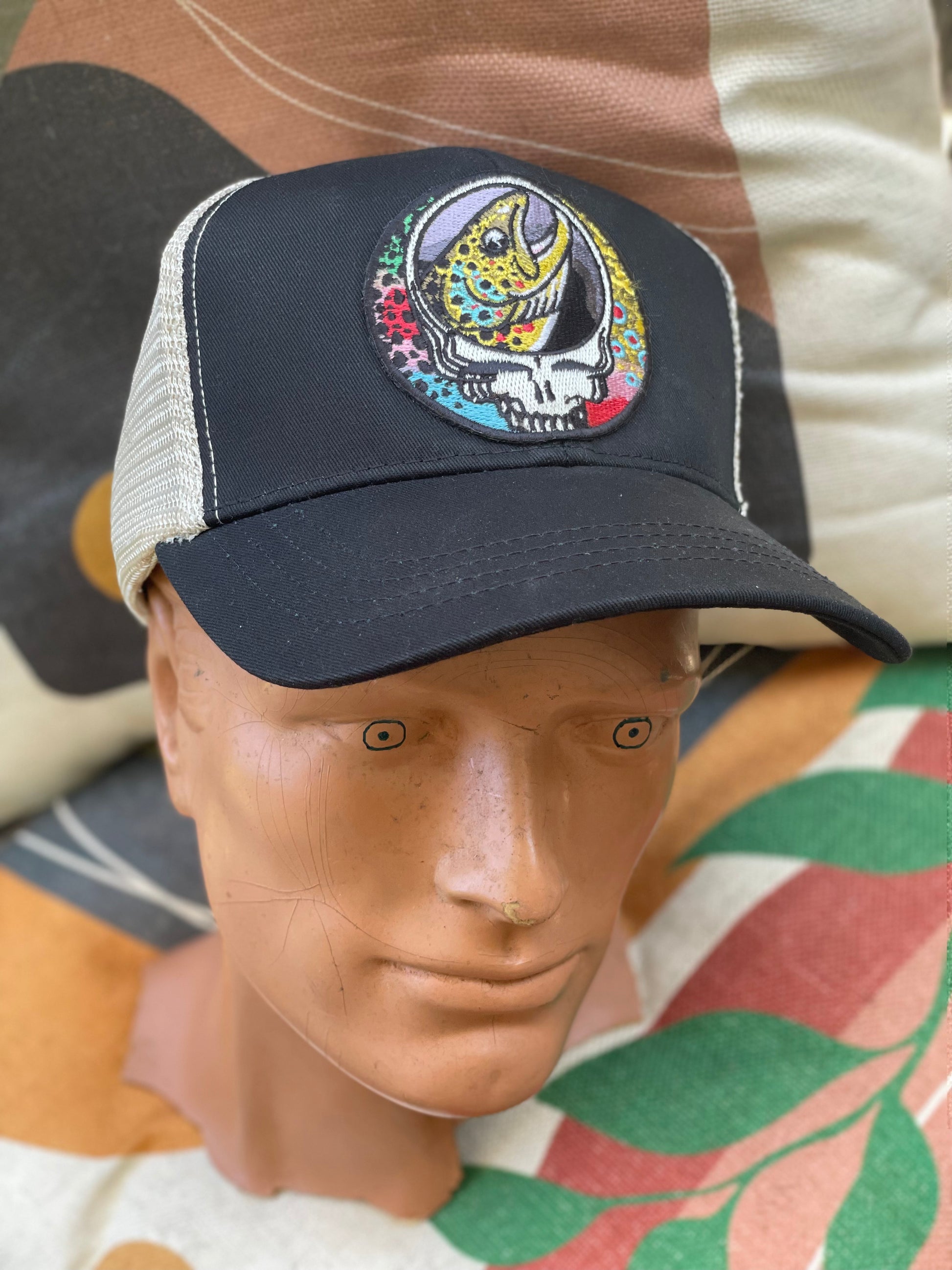 ECOnscious Steal Your Face Trout Trio Black Recycled Trucker Hat embro