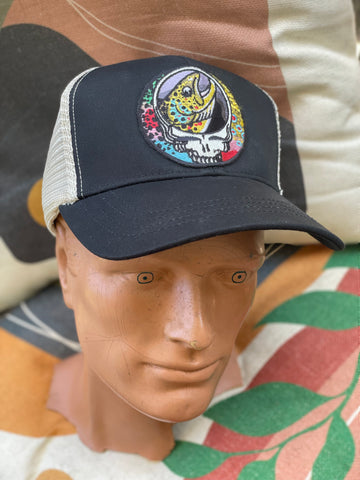 ECOnscious Steal Your Face Trout Trio Black  Recycled Trucker Hat  embroidered patch fishing hat