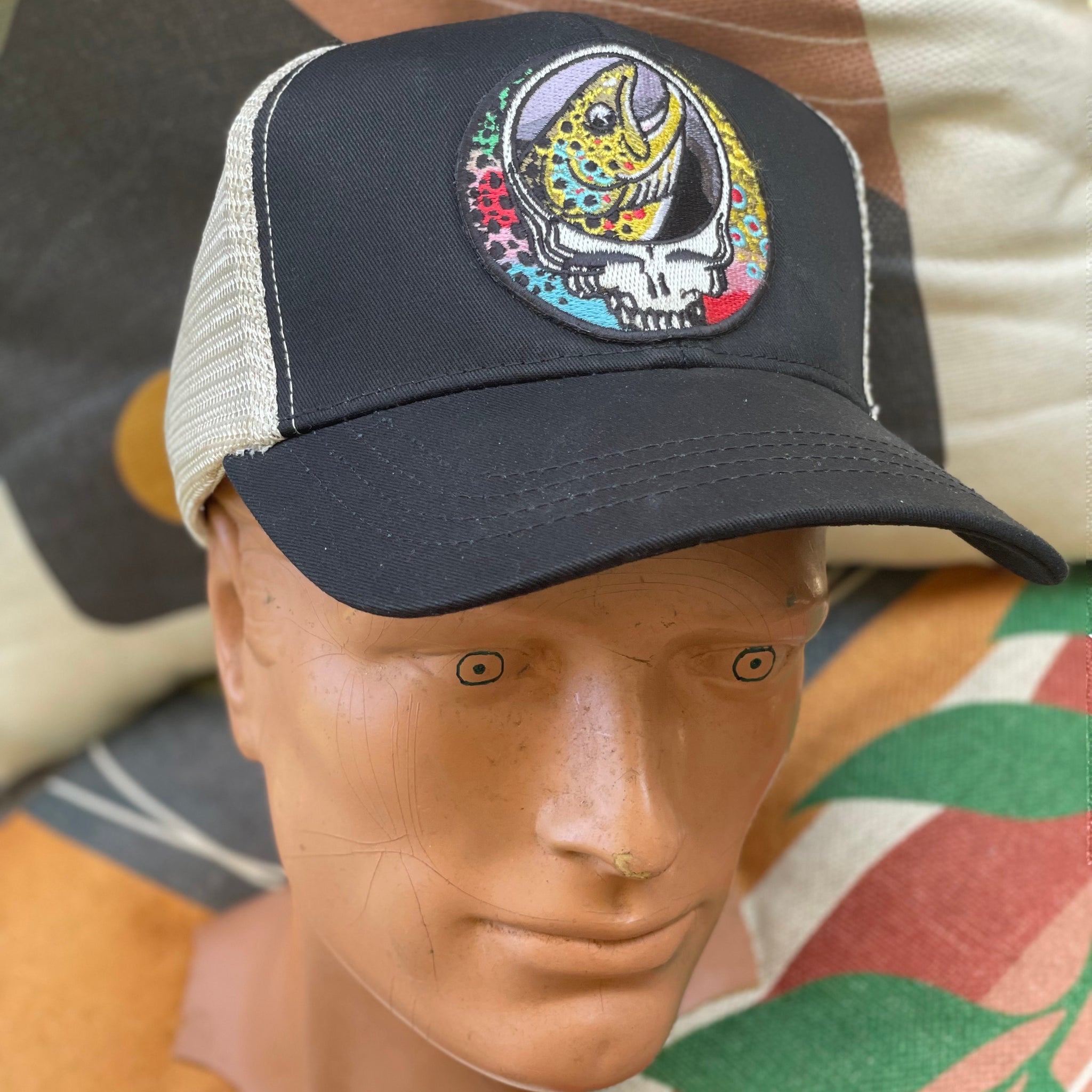 ECOnscious Steal Your Face Trout Trio Black Recycled Trucker Hat embroidered patch fishing hat