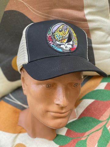 ECOnscious Steal Your Face Trout Trio Black  Recycled Trucker Hat  embroidered patch fishing hat