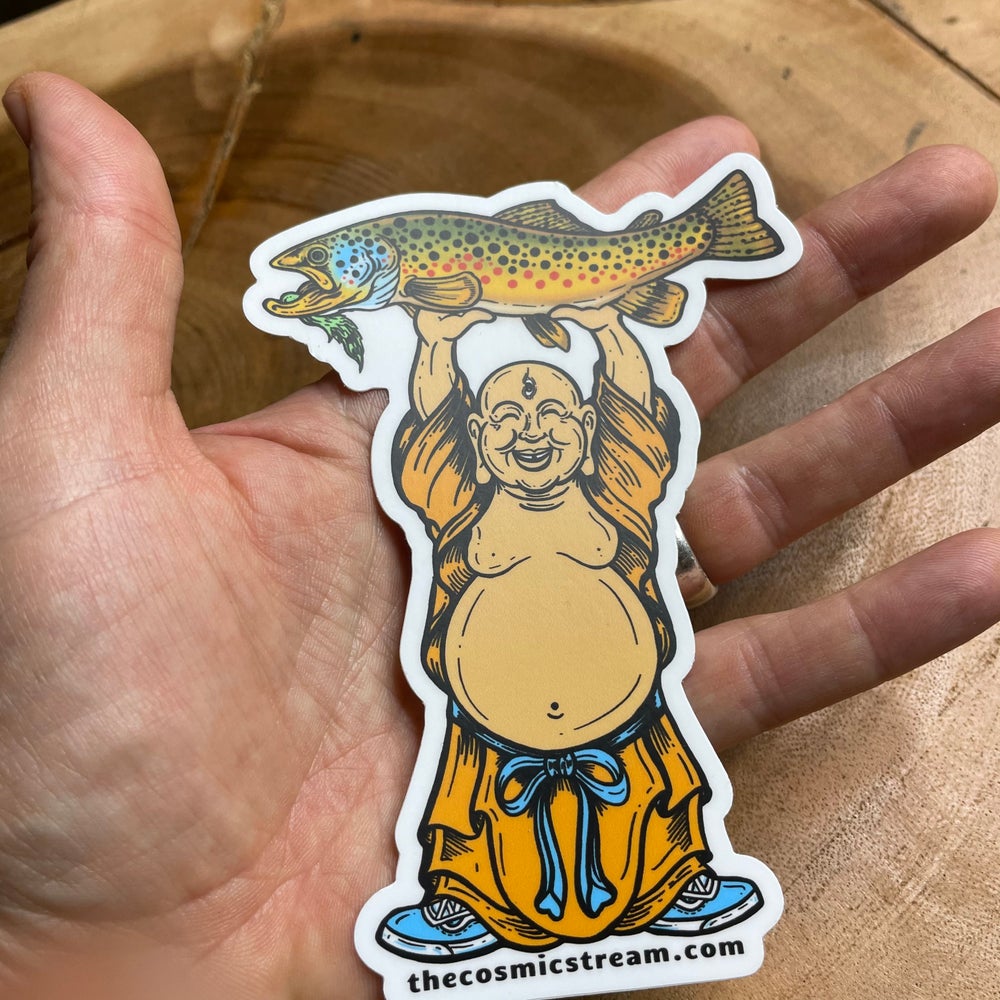 Laughing Buddha Brown Trout Fly Fishing Sticker - thecosmicstream