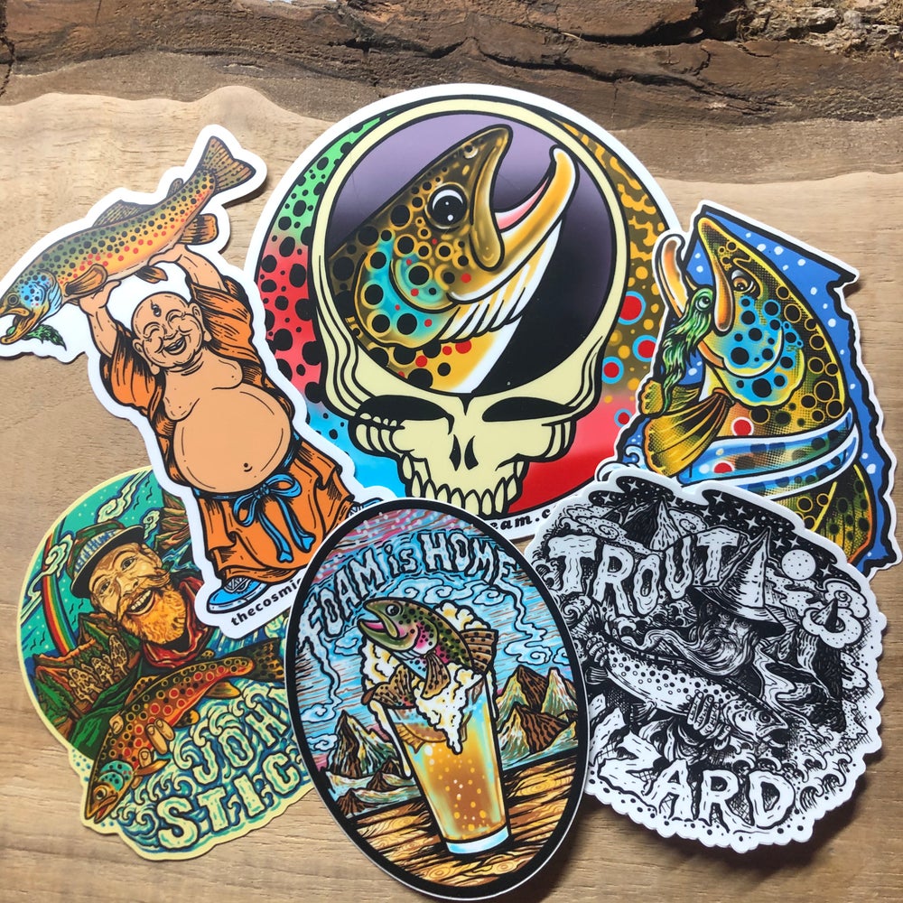 Laughing Buddha Brown Trout Fly Fishing Sticker - thecosmicstream