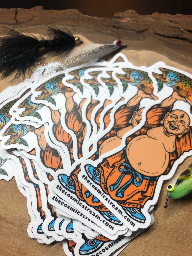 Laughing Buddha Brown Trout Fly Fishing Sticker - thecosmicstream