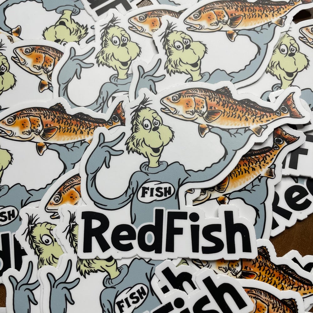 Dr. Seuss inspired Red Fish Vinyl Fly Fishing sticker LARGE - thecosmicstream