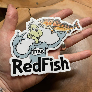 Dr. Seuss inspired Red Fish Vinyl Fly Fishing sticker LARGE