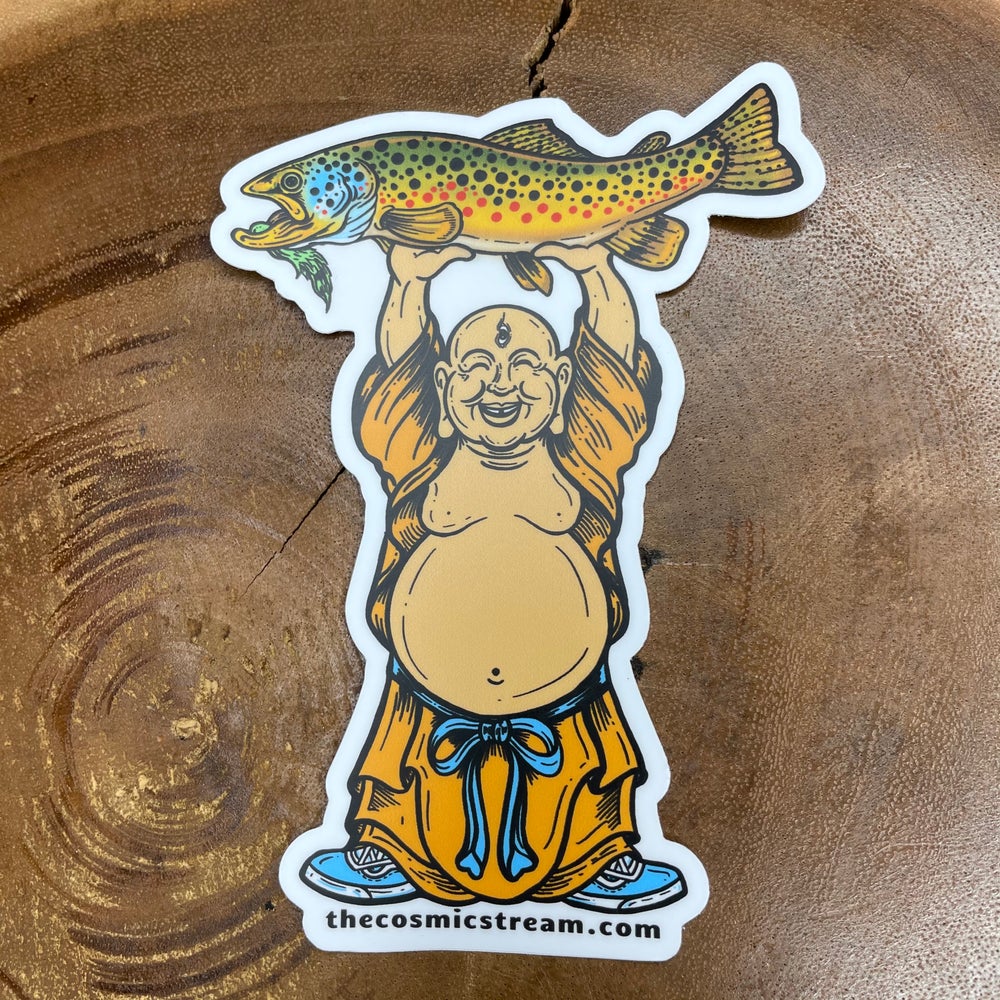 Laughing Buddha Brown Trout Fly Fishing Sticker - thecosmicstream