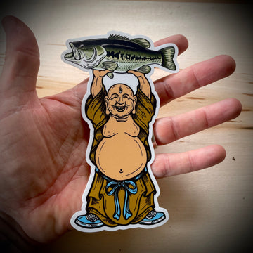 Laughing Buddha with Largemouth Bass Trout Fly Fishing Sticker