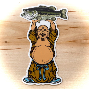 Laughing Buddha with Largemouth Bass Trout Fly Fishing Sticker