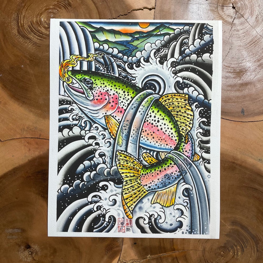 ‘ NIJIMASU” Irezumi Style  RAINBOW TROUT  giclée print  11” x 14” LIMITED EDITION - thecosmicstream