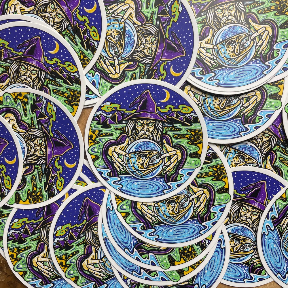 LIMITED EDITION TROUT WIZARD crystal Ball LARGE 5" Round Vinyl Sticker slap - thecosmicstream