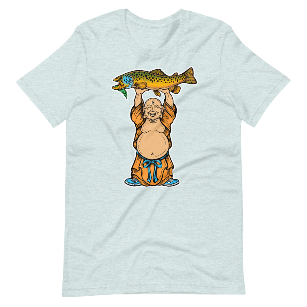 Laughing Buddha with Brown Trout Short-Sleeve Unisex T-Shirt - thecosmicstream