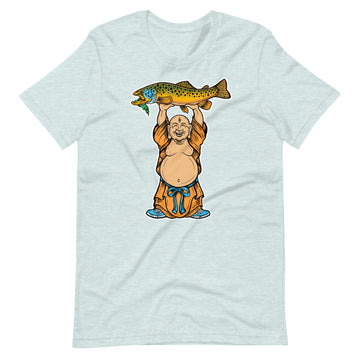 Laughing Buddha with Brown Trout Short-Sleeve Unisex T-Shirt - thecosmicstream